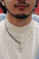 10MM CROSS X CUBAN LINK & FRESHWATER PEARL NECKLACE